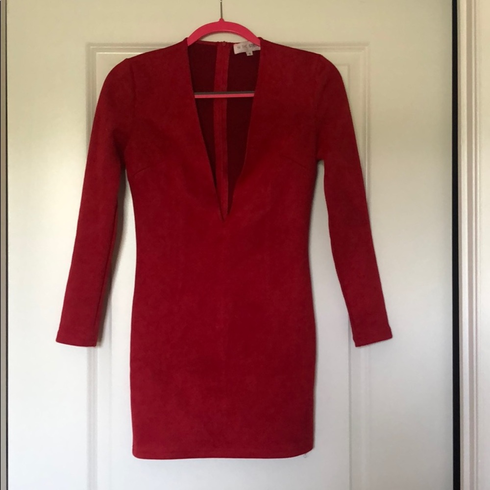 Red suede plunge mini dress